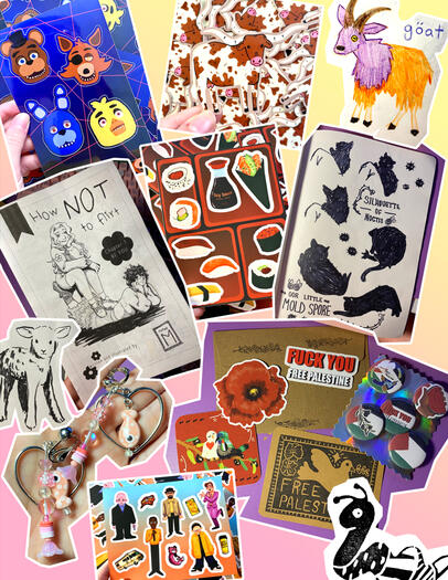 A collage of works! FNAF sticker sheet. Longhorn cow sticker. Goat drawing. HNtF zine. Sushi sticker sheet. Noctis (cat) drawings. Lamb drawing. Pink fish earrings. Palestine bundle. Worm. Breaking bad sticker sheet.