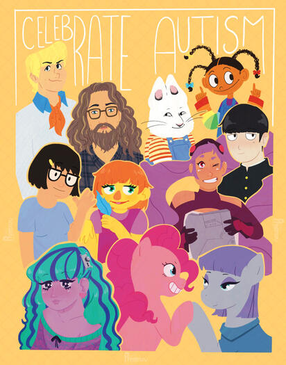 Yellow background. Shown are multiple characters from all different series' that have either been confirmed or heavily coded in writing to be autistic. This was done for Autism Awareness month.
