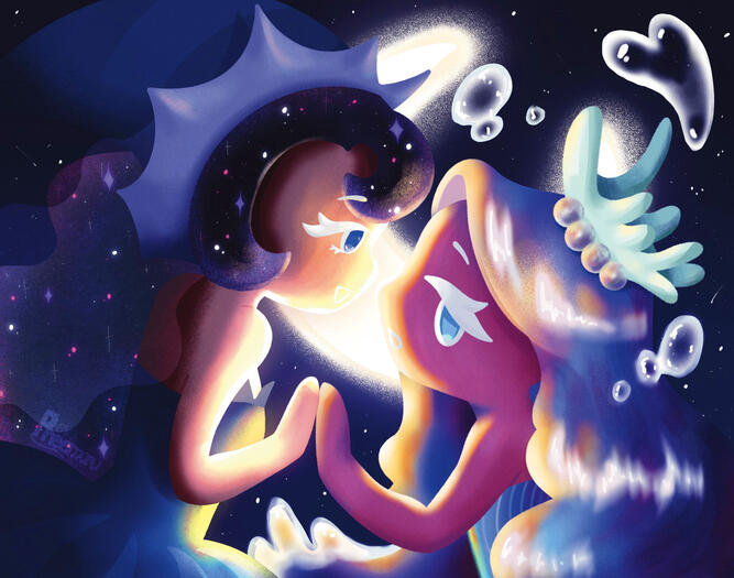 Digital illustration (Procreate on iPad) of Moonlight Cookie and Sea Fairy Cookie from the mobile game Cookie Run Kingdom. The two are center in composition, touching hands and leaning in as if for a kiss. It is a lineless style with a chalky texture.