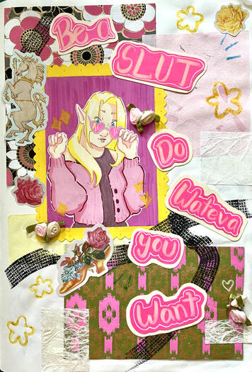 Jin, my character from my zine series "How NOT to Flirt". She has pale skin and dusty blonde hair. She is wearing a cropped pink cardigan and heart sunglasses. Around her are patterns and stickers. Text reads "Be a SLUT Do Wateva you Want"