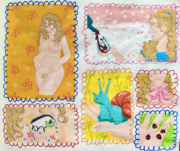 A summary of my character Lizbeth. She is drawn in 4 ways. 1. Pregnant and nude, holding her belly. 2. Drinking a glass of wine. 3. Glitter and sparkles under her eye. 4. Her neck with a pink bow around it. Other panels have a snail and ladybugs.