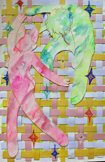 Inspired by Matisse, there are two fluid figures. One pink, the other green. They are dancing together on a woven paper background. (Pink, white, and yellow.) Sparkles of multiple colors surround them. Most have a rhinestone in the center.