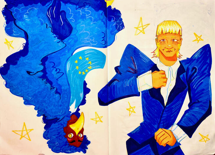 Aspen and Joost in their Europapa outfits. Aspen is the blue bird, and Joost is in his blue suit. He is doing the Giorno (Jojo's) pose. Aspen is posed like Giorno's stand.