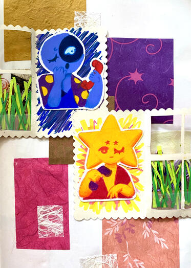 The same piece as before, but with the windows opened. The characters are holding phones. Moon looks surprised, and Sun looks bored.