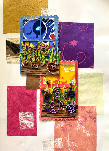 A moon and sun character sit behind their windows made of paper. There are spirals of paper making up the flowers. Behind them are patterned papers.