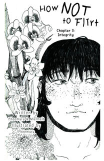 Torin is on the cover for chapter 3. He is posed with the four gentleman flowers in Korean culture (bamboo, plum blossoms, chrysanthemums, and orchids). He has dark hair, freckles, and is gazing off to the right. He has cheek dimples and a small nose pierc