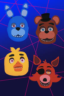 4 stickers on a dark blue background with random pink lines. Foxy, Bonnie, Freddy, and Chica.