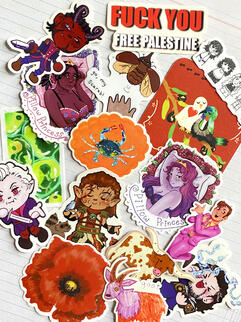 A variety of stickers I offer: Palestine stickers for donations, fanart, and animals like tadpole eggs, a longhorn cow, a blue crab, and a goat.