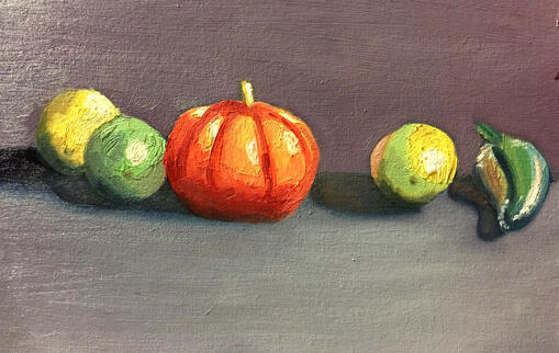 Oil paint on canvas. Subject is a mini pumpkin, 2 lemons, a lime, and a jalapeno. On a pale blue ground and a purple background.