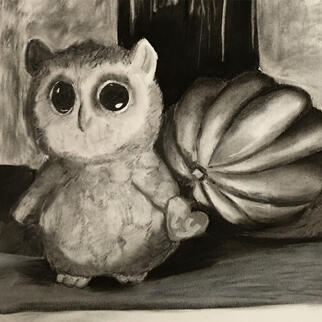 A Beanie Baby posed next to a gourd, done in charcoal