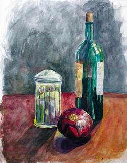 A watercolor painting on paper of a wine bottle, red onion, and a glass container of sugar.